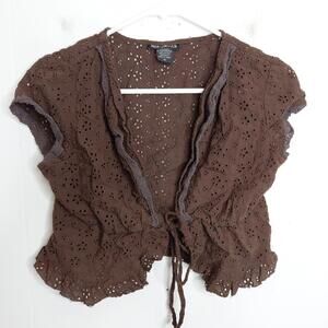 Womens Top Small Brown Eyelet Cropped Grunge Dark Cottagecore Y2K Tie Front